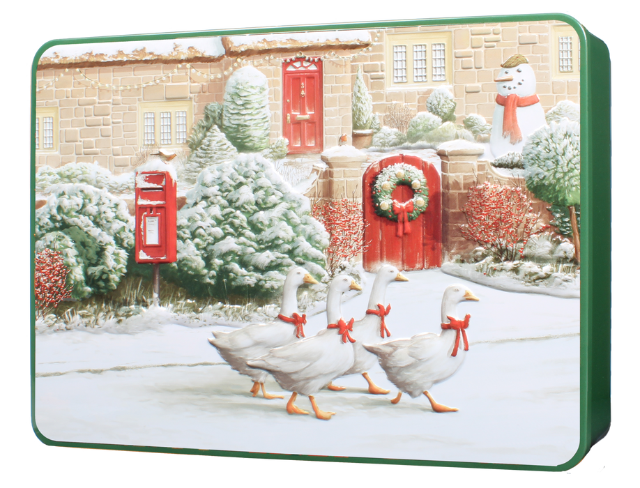 Embossed Geese Walking Tin Filled With Assorted Biscuits