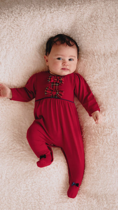 Emile et Rose Kiki Girls Red Tartan Bow Christmas Babygrow