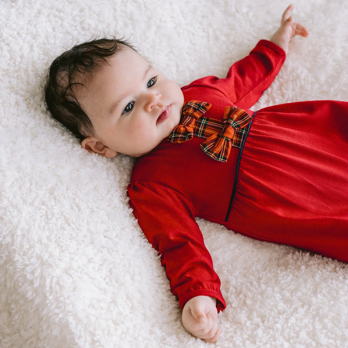 Emile et Rose Kiki Girls Red Tartan Bow Christmas Babygrow