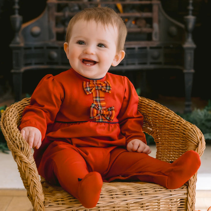 Emile et Rose Kiki Girls Red Tartan Bow Christmas Babygrow