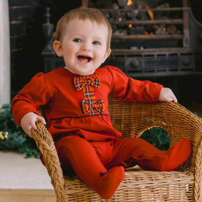 Emile et Rose Kiki Girls Red Tartan Bow Christmas Babygrow