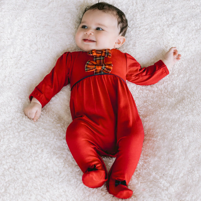 Emile et Rose Kiki Girls Red Tartan Bow Christmas Babygrow