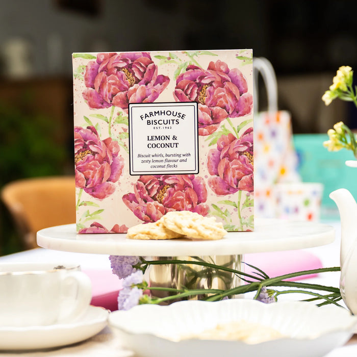 Farmhouse Biscuits Lemon &  Coconut Biscuits in English Garden Tin 250g