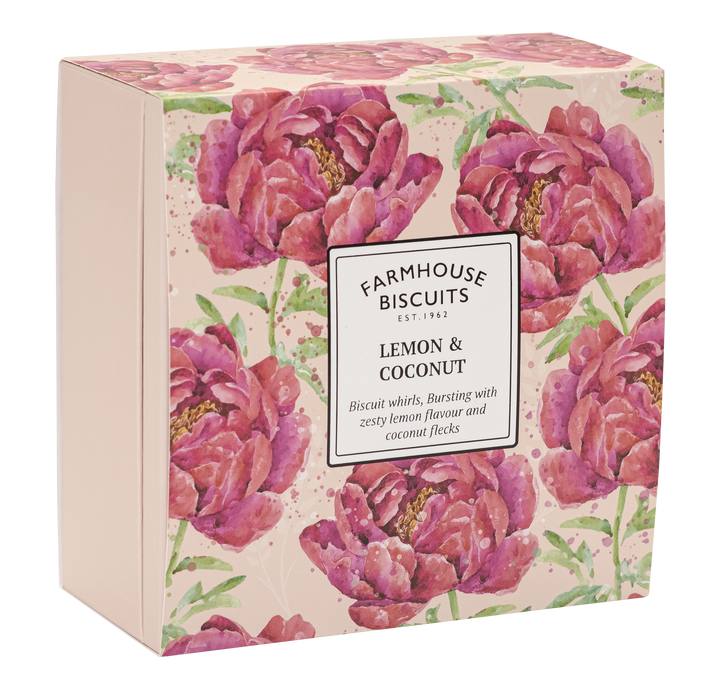 Farmhouse Biscuits Lemon &  Coconut Biscuits in English Garden Tin 250g