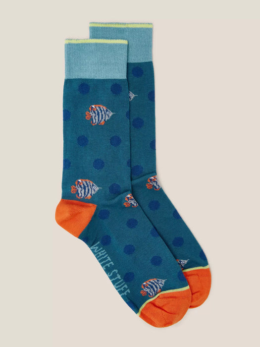 White Stuff Men's Fish Spot Ankle Sock Teal Multi