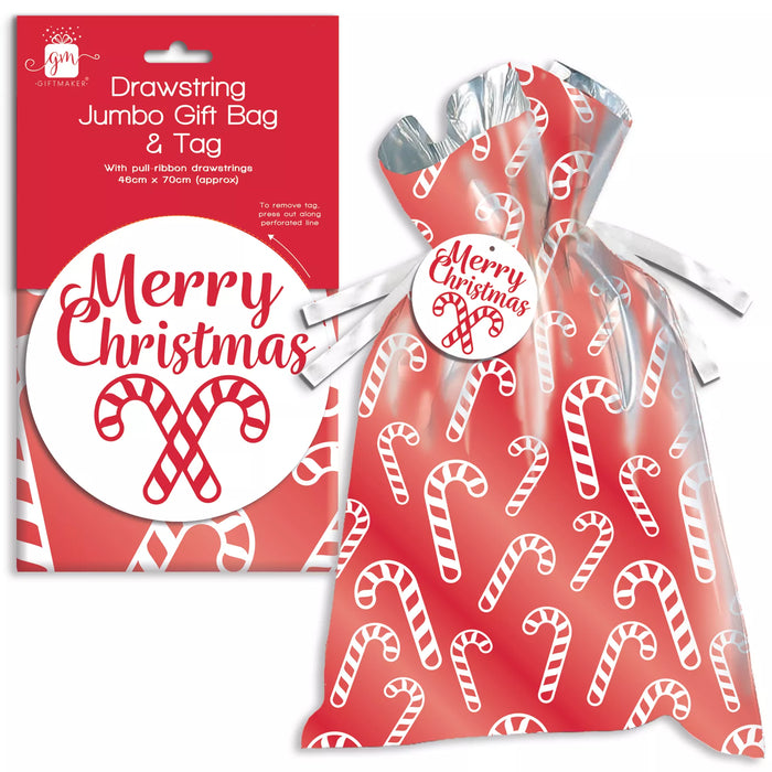 Candy Cane Drawstring Jumbo Gift Bag & Tag
