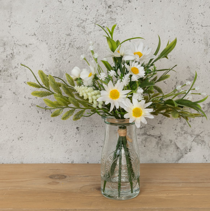 Faux Daisy & Gyp In Milk Bottle