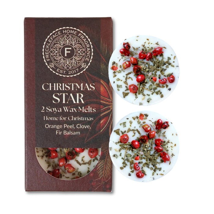 Christmas star soya wax melts packaging with two melts on a white background