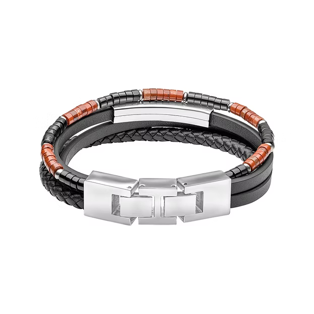 Fred Bennett Men's Red Jasper and Onyx Multi- Layer Leather Bracelet