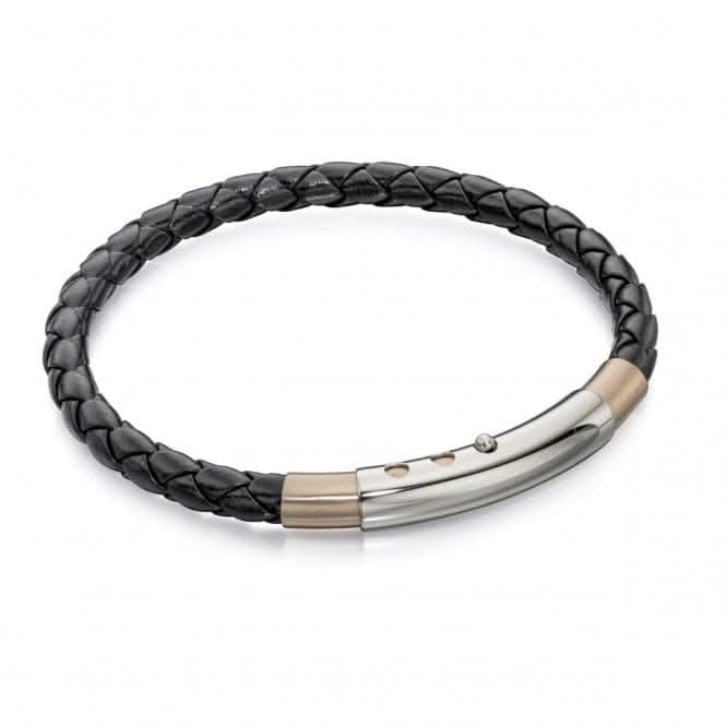 Fred Bennett Stainless Steel Black Leather & Rose Bracelet