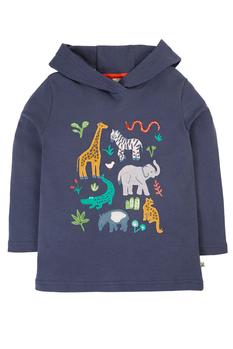 Frugi Campfire Hooded Top In Navy Blue/Go Wild Animals