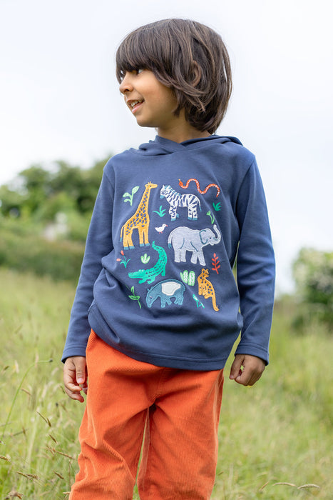 Frugi Campfire Hooded Top In Navy Blue/Go Wild Animals