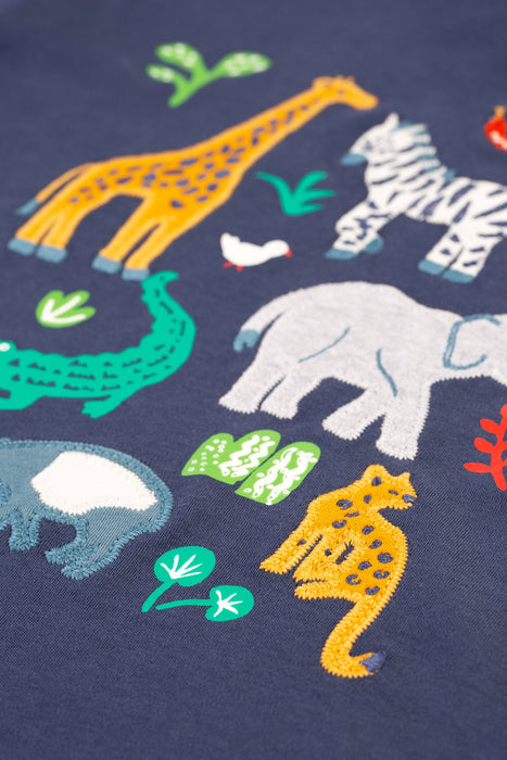 Frugi Campfire Hooded Top In Navy Blue/Go Wild Animals