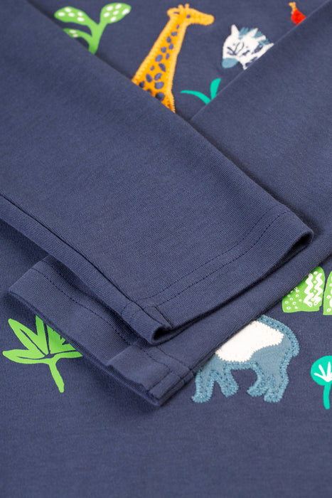 Frugi Campfire Hooded Top In Navy Blue/Go Wild Animals