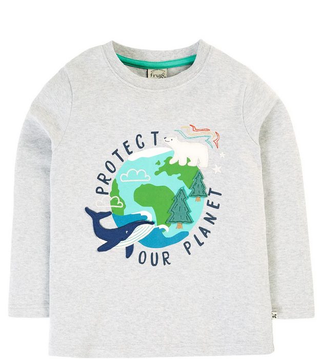 Frugi Adventure Applique Top In Grey Marl/Protect Your Planet