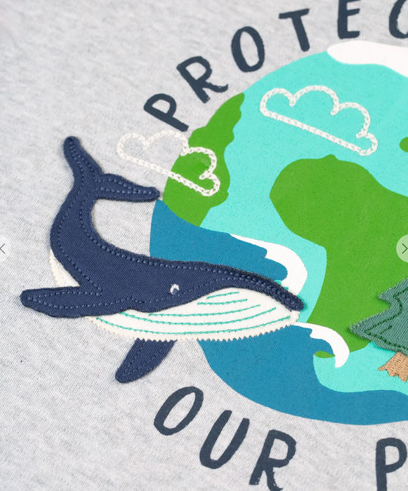 Frugi Adventure Applique Top In Grey Marl/Protect Your Planet