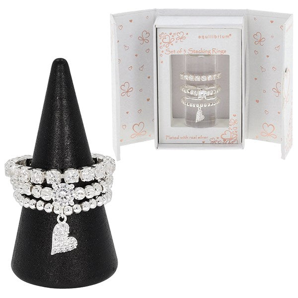Equilibrium Gift Set Of 3 Silver Plated Chic Hearts Rings