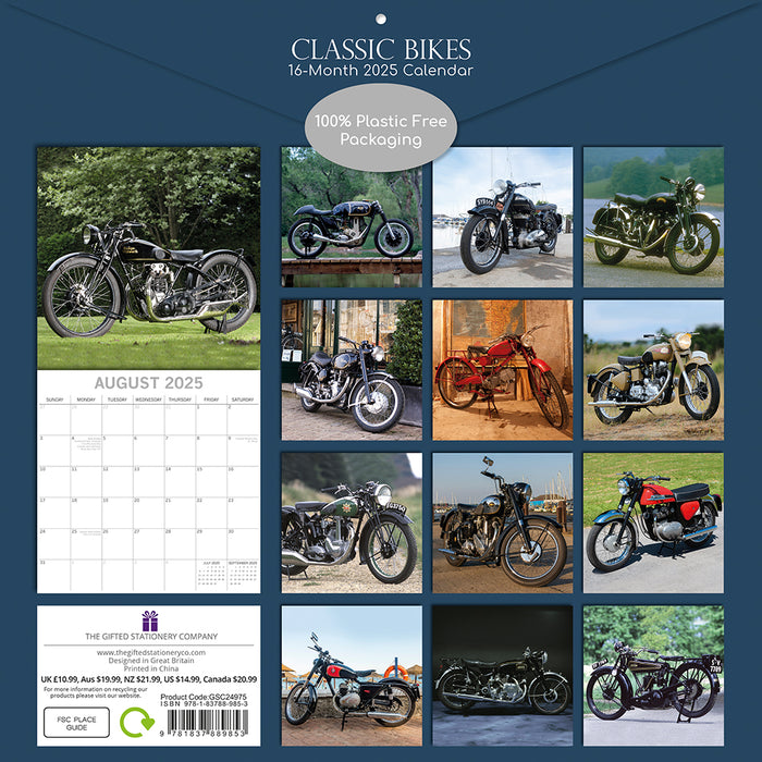 The Gifted Stationery Company 2025 Square Wall Calendar - Classic Bikes