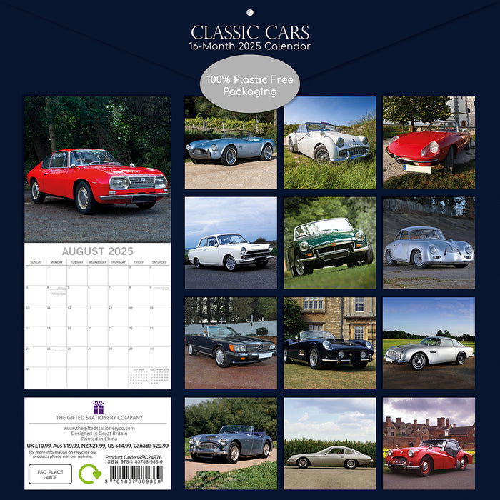 The Gifted Stationery Company 2025 Square Wall Calendar - Classic Cars