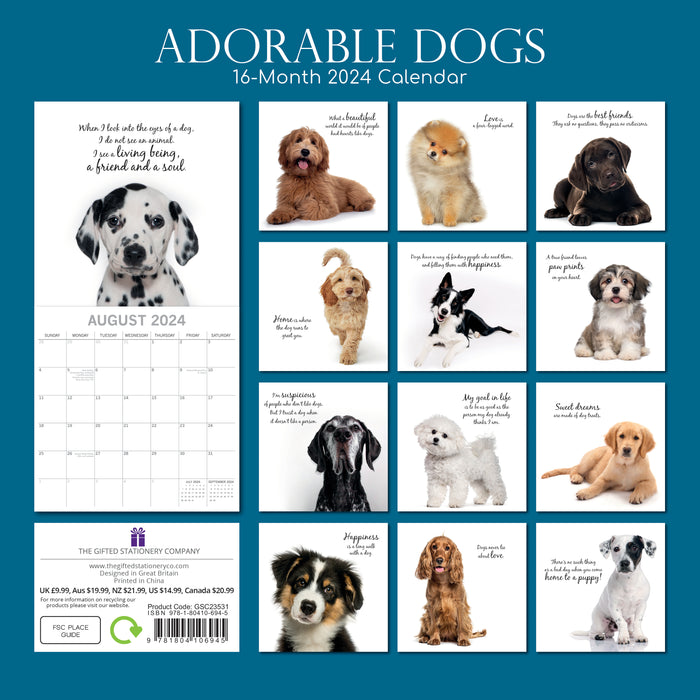 The Gifted Stationary Company 2024 Square Wall Calendar - Adorable Dogs
