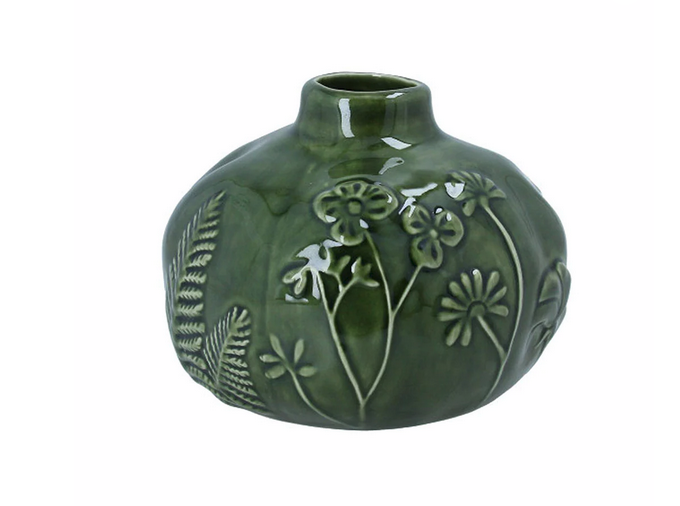 Gisela Graham Green Earthenware Bumpy Round Flora Fauna Vase