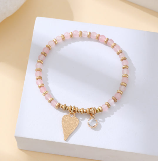 Gracee Jewellery Pink Beaded Gold Heart Pendant Bracelet