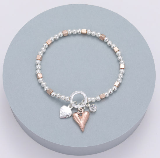 Gracee Jewellery Beaded Double Heart Silver & Rose Gold Bracelet