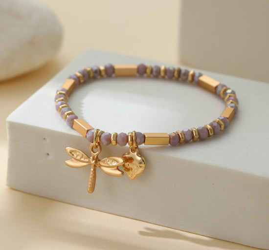 Gracee Jewellery Dark Beaded Gold Dragonfly & Heart Pendant Bracelet