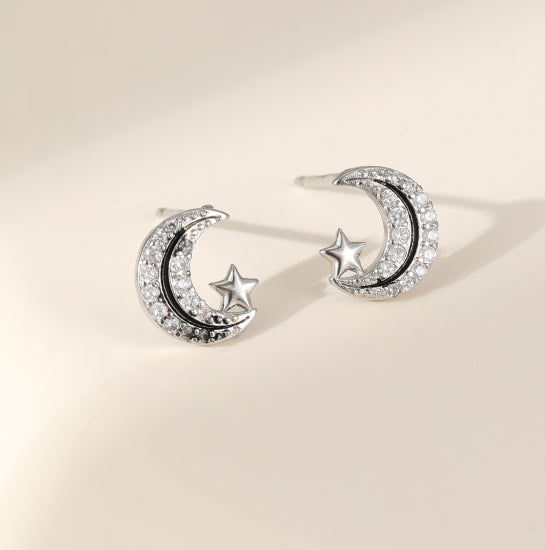 Gracee Jewellery Silver Crystal Crescent Moon & Star Earrings