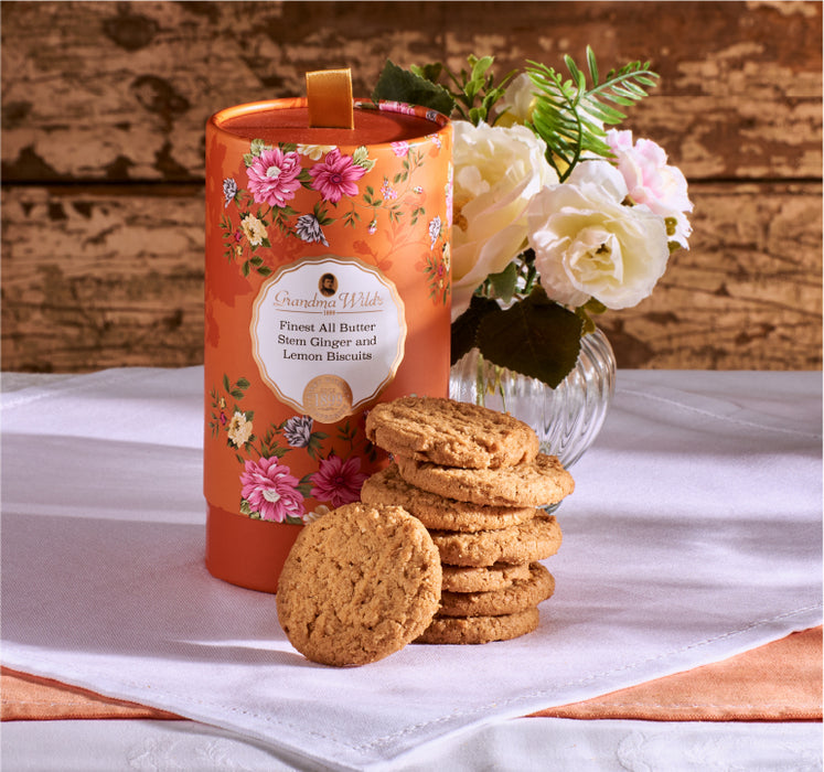 Grandma Wild's Victorian Floral Tube With Buttery Stem Ginger And Lemon Biscuits