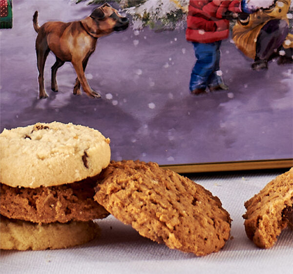 Christmas Market Scene Embossed Tin Filled With Choc Chip Biscuits