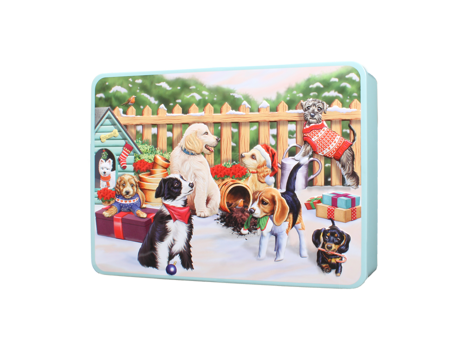 Embossed Dog Garden Tin Filled With Assorted Biscuits