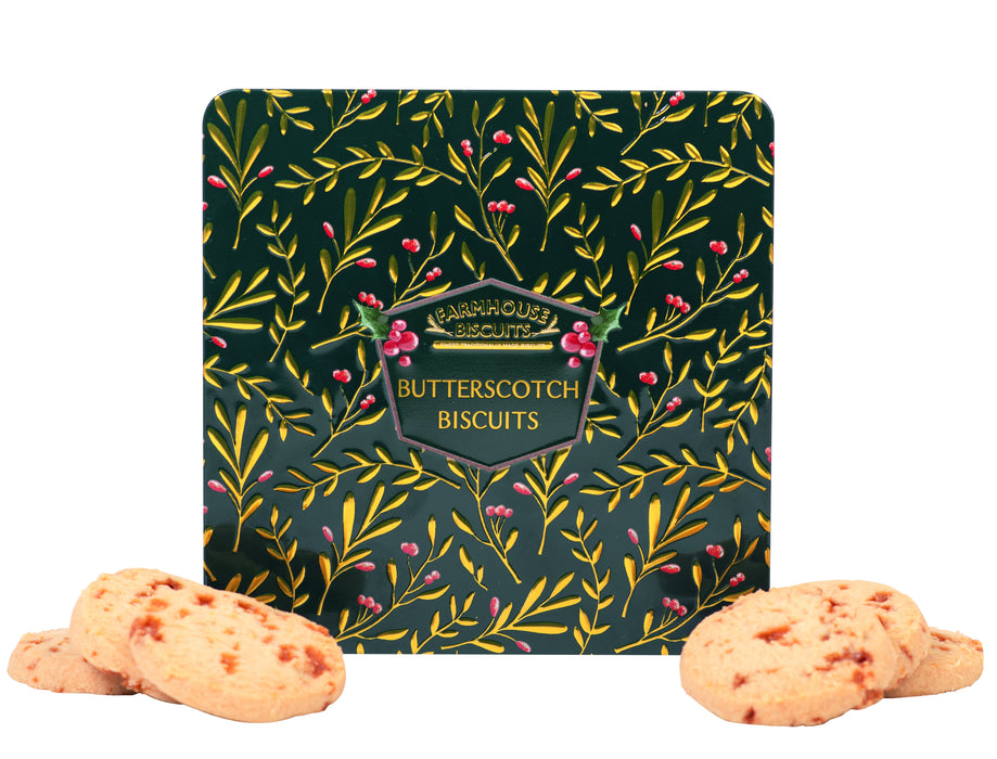 Green Holly Berry embossed Tin Of Butterscotch Biscuits 250g
