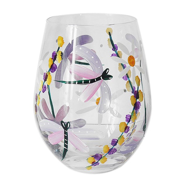 Hand Painted Stemless Glass Dragonflies Flower