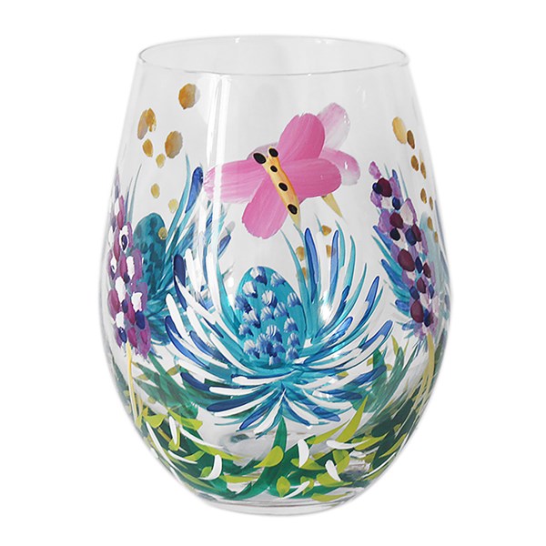 Hand Painted Stemless Glass Thistles Flower