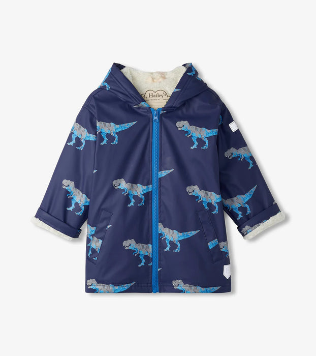 Hatley Boys T-Rex Attack Sherpa Lined Zip-Up Rain Jacket