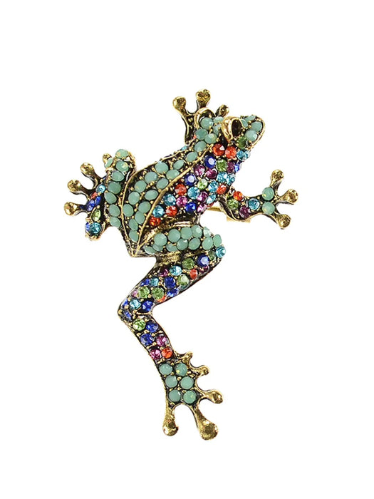 Hot Tomato Antique Gold/Multi Crystal Leaping Frog Brooch