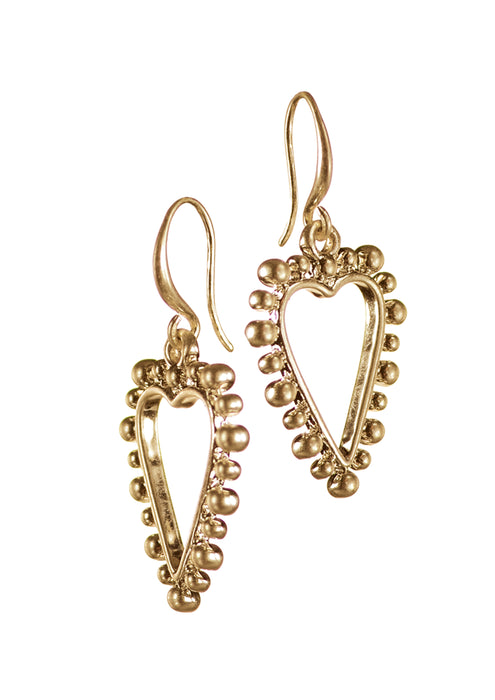 Hot Tomato Worn Gold Bobbin Style Heart Frames Earrings