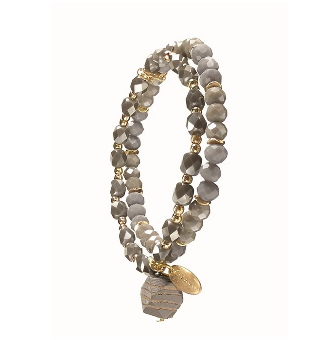 Hot Tomato Facetted Wooden Bead Double Row Elasticated Grey Gold Bracelet