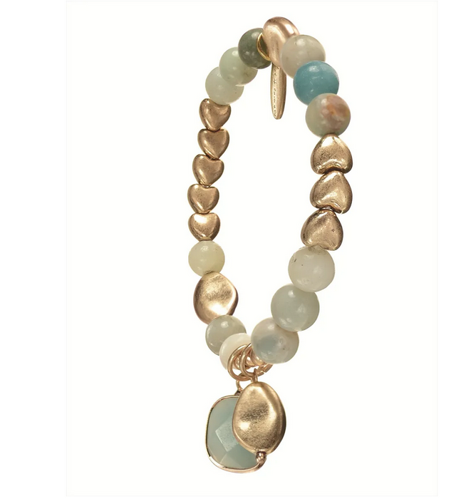 Hot Tomato Heart to Heart With Stone Details Worn Gold/Jade Bracelet