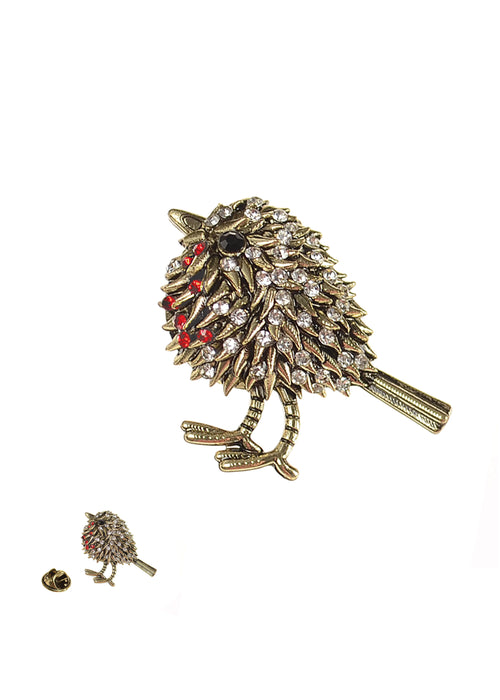 Hot Tomato Antique Gold & Clear & Ruby Red Rockin Robin Brooch