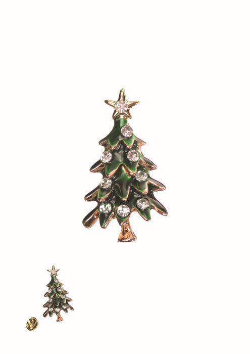 Hot Tomato Gold & Green Enamel & Clear Crystals Mini Tree Pin Brooch