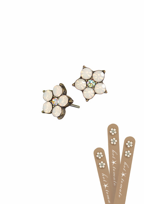Hot Tomato Old Gold & White Opal Five Petal Floral Studs