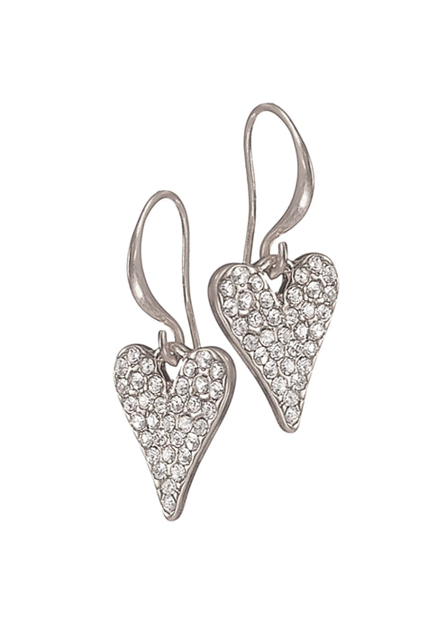 Hot Tomato Worn Silver Crystal Encrusted Heart Drop Earrings