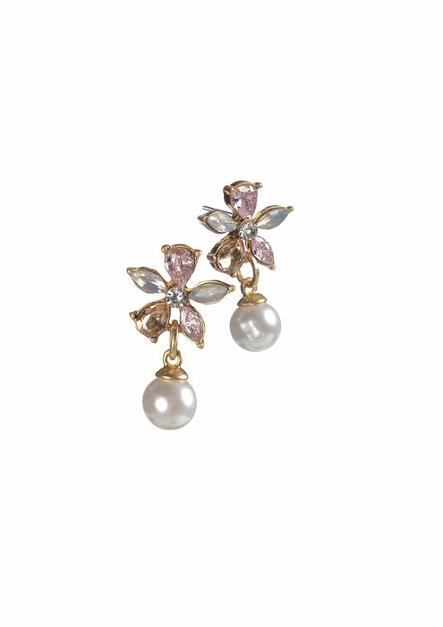 Hot Tomato Faux Pearl Drop Mini Crystal Flower Stud