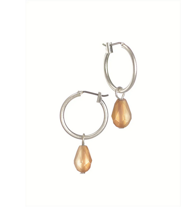 Hot Tomato Hoop With Teardrop Amber Crystal Silver Earrings