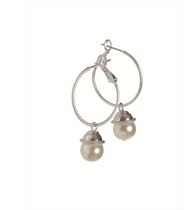 Hot Tomato Pearl Drop On Hoop Worn Silver Earrings