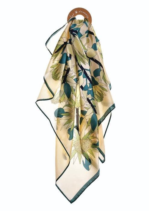 Hot Tomato Emerald & Ivory Lotus Flower Vintage Vibe Poly Silk Square