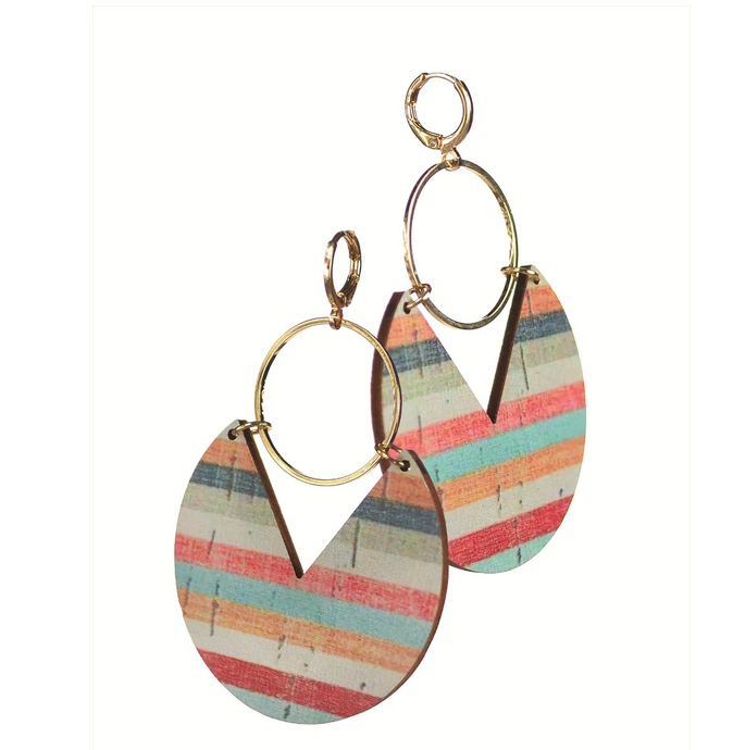 Hot Tomato Archimedes Discus Wood & Metal Gold With Multi Stripe Earrings