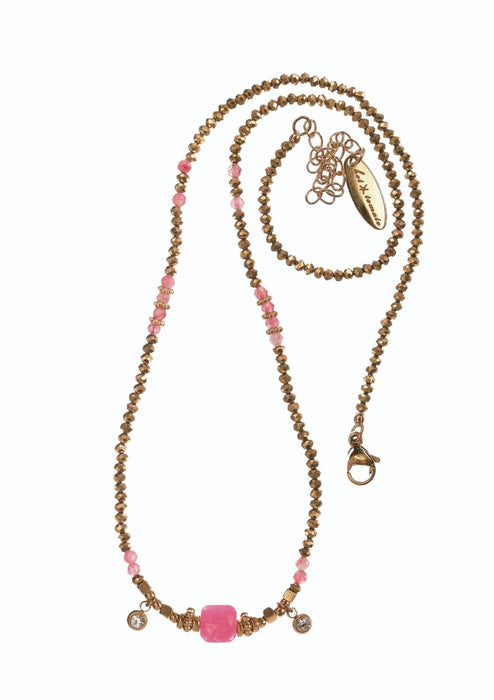 Hot Tomato Gold/Fuchsia Beaded Chain With Stone & Crystal Detail